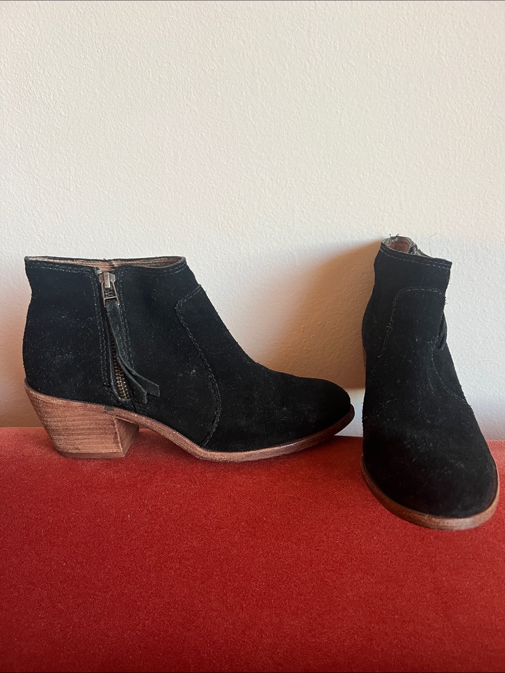 Madewell Black Suede Ankle Booties with Wood-Tone Heel 6.5